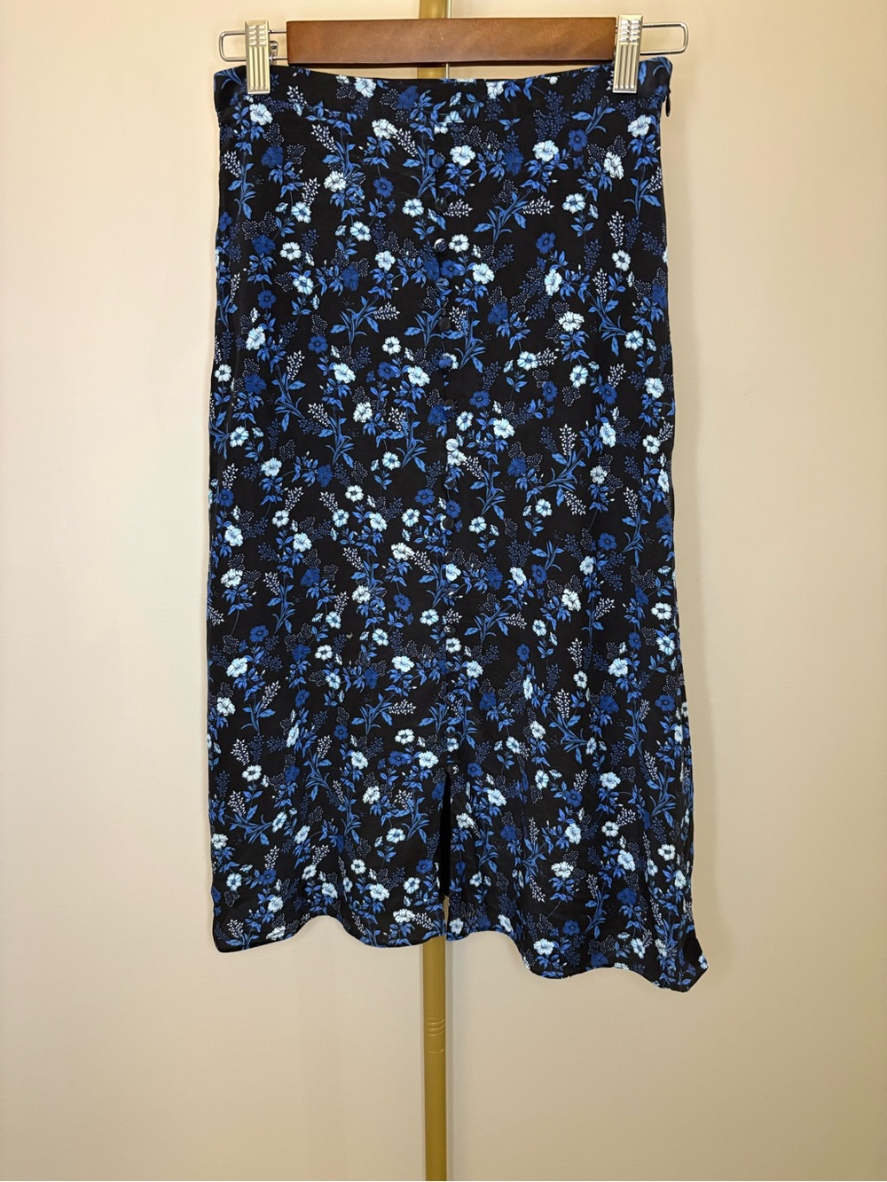 The Kooples Poppy Black Midi Skirt with Blue Floral Print